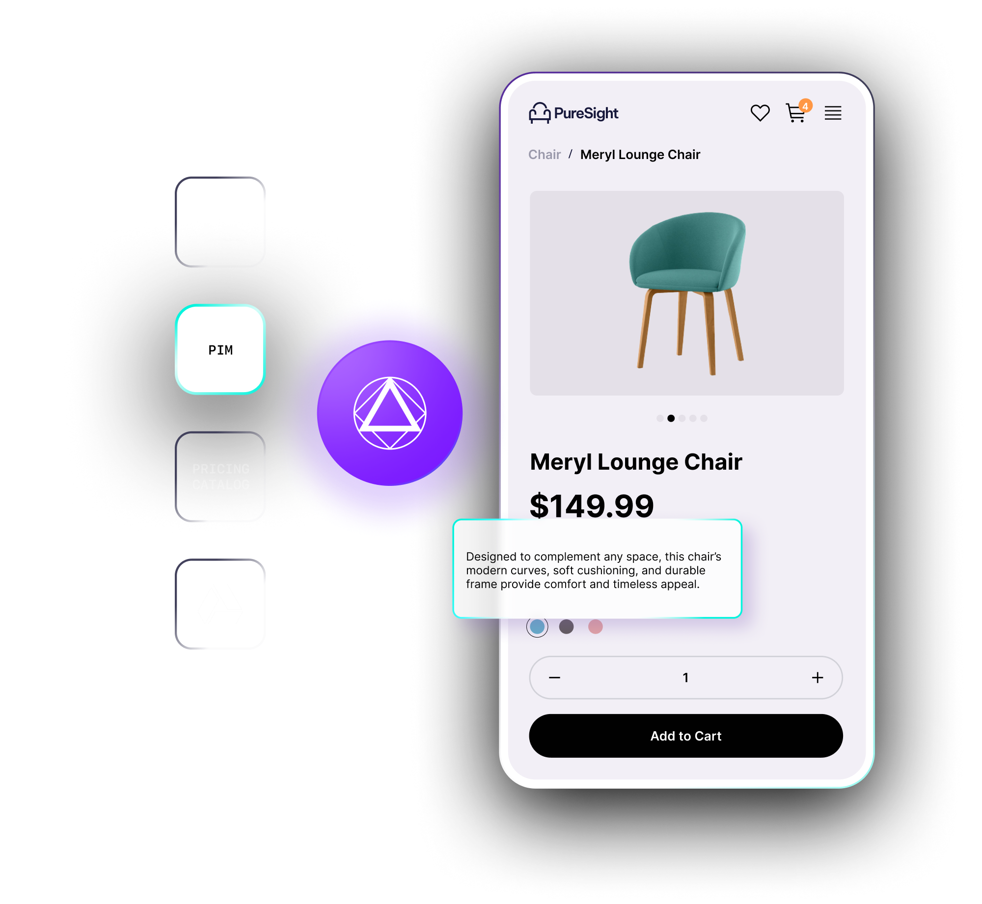 Product page showing a chair listing with live pricing and inventory synced from the catalog